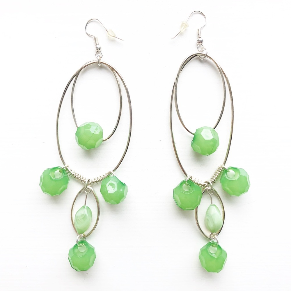 Boho silver wire & jade green bead drop earrings